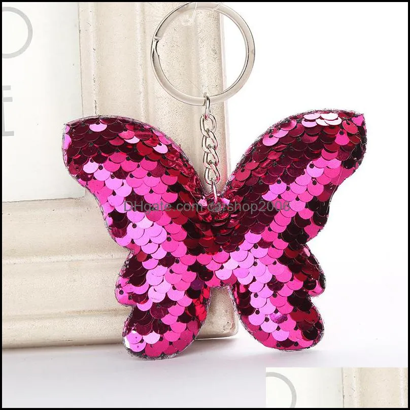 20pcs sequin butterfly key chains keyring glitter sequins crafts pendant party gift car decor girl bag ornaments kids toy keyring 908