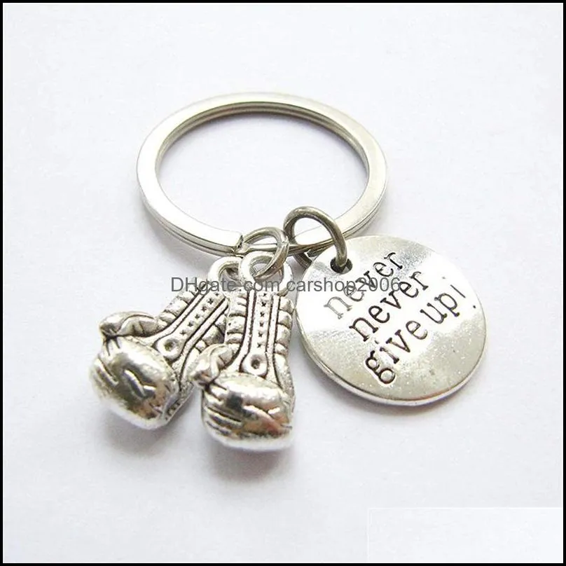 never never give up ! boxing gloves inspirational keychain fitness bodybuilding keychain creative backpack pendant 405 8owre 6sg10 803