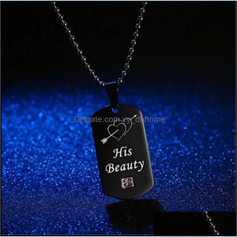 couple necklaces his beauty her beast black tag necklace with stone luxury jewelry double heart pendant necklace