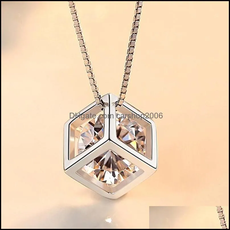 new 925 sterling silver women necklaces fashion love cube pendant high quality zircon clavicle chain jewelry length 45cm 20220226 t2