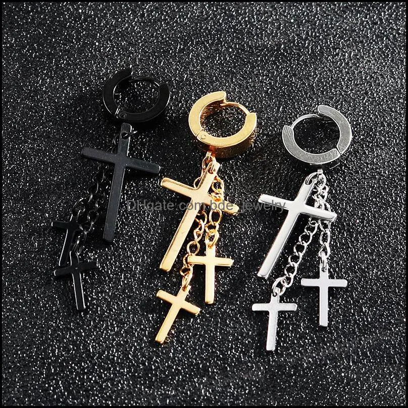 1 piece punk stainless steel stud earring men cross earring fashion tassels crosses body piercing jewelry black1 952 t2