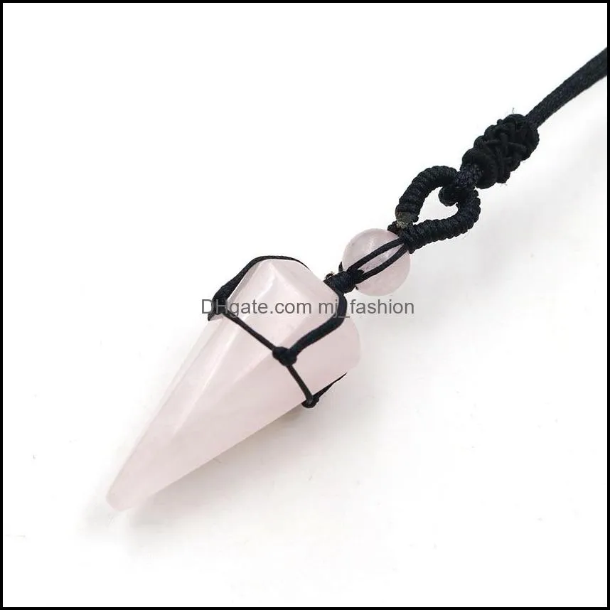 healing hexagonal pyramid stone amethyst pink crystal quartz opal pendant necklace rope chains for men women fashion jewelry