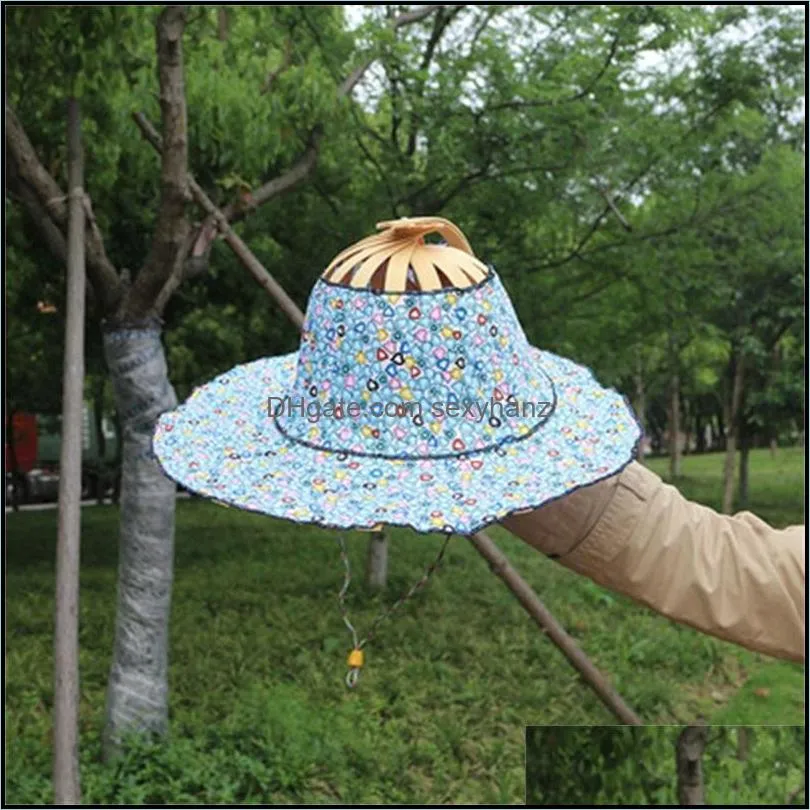 wide brim hats bamboo foldable hand fan sun hat women sunhat with 2 in 1 chinese style frame floral printed 3441 q2