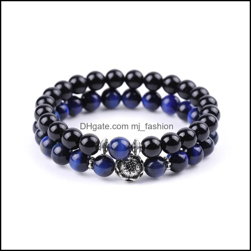 men blue tiger eye stone bracelet buddha lotus charms handmade 8mm balck beads bracelets summer women jewelry gift