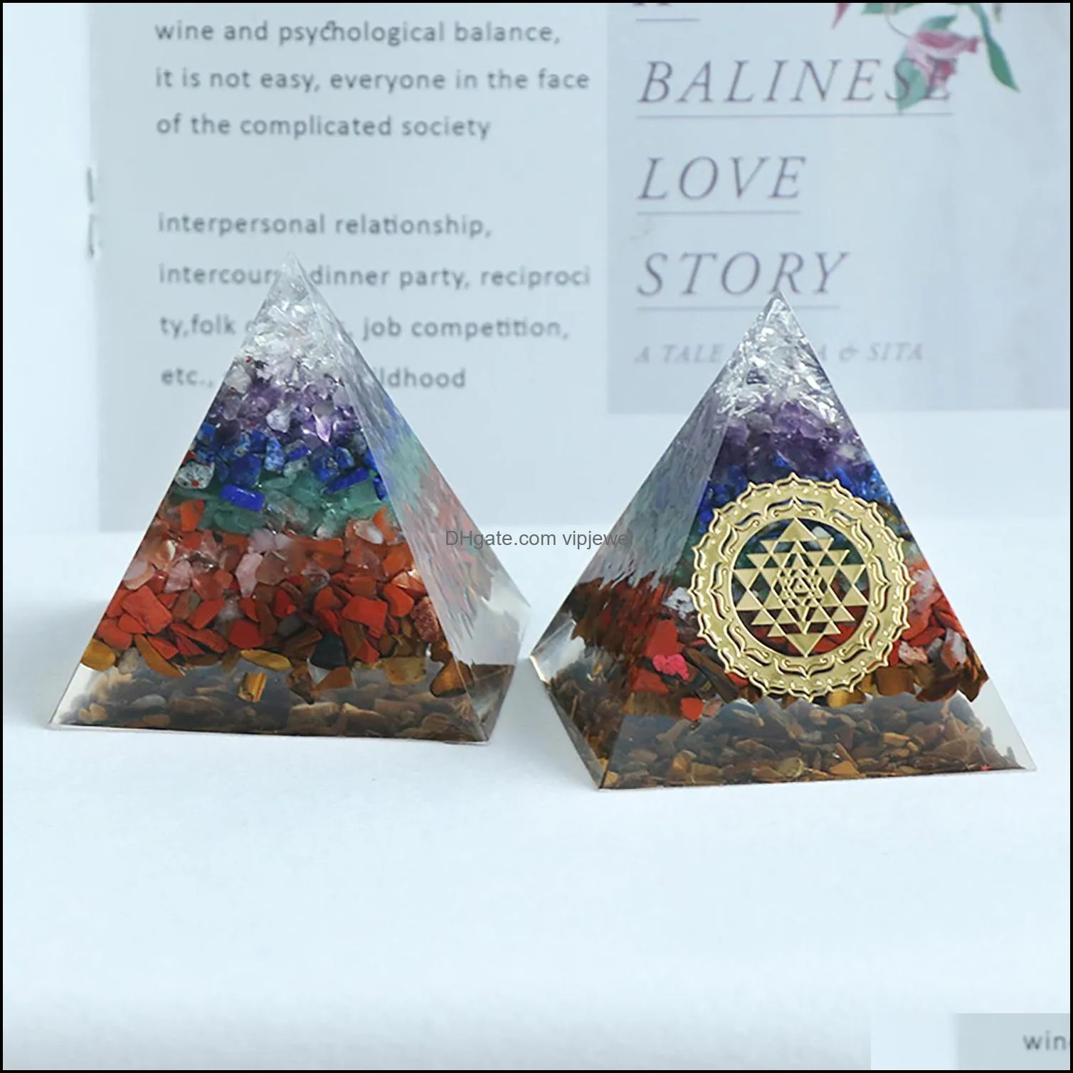 seven chakra organe jewelry pyramid set piece colorful crystal stone resin chips layer flower of life healing