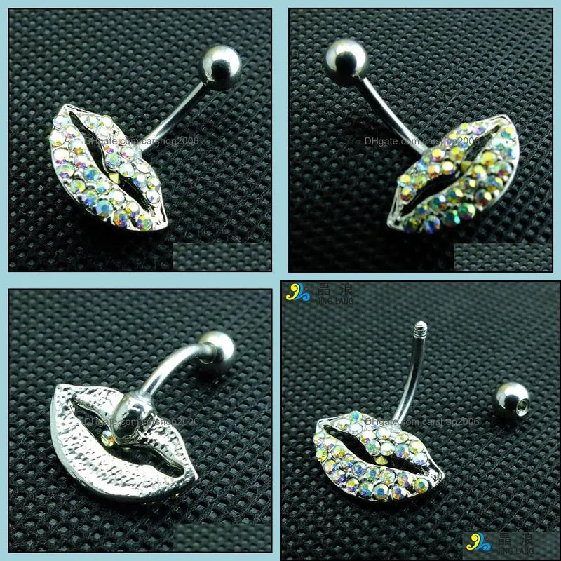 diy high quality fashion silver surgical steel colorful rhinestone lip shape belly button ring for women body piecing jewelry 678 t2