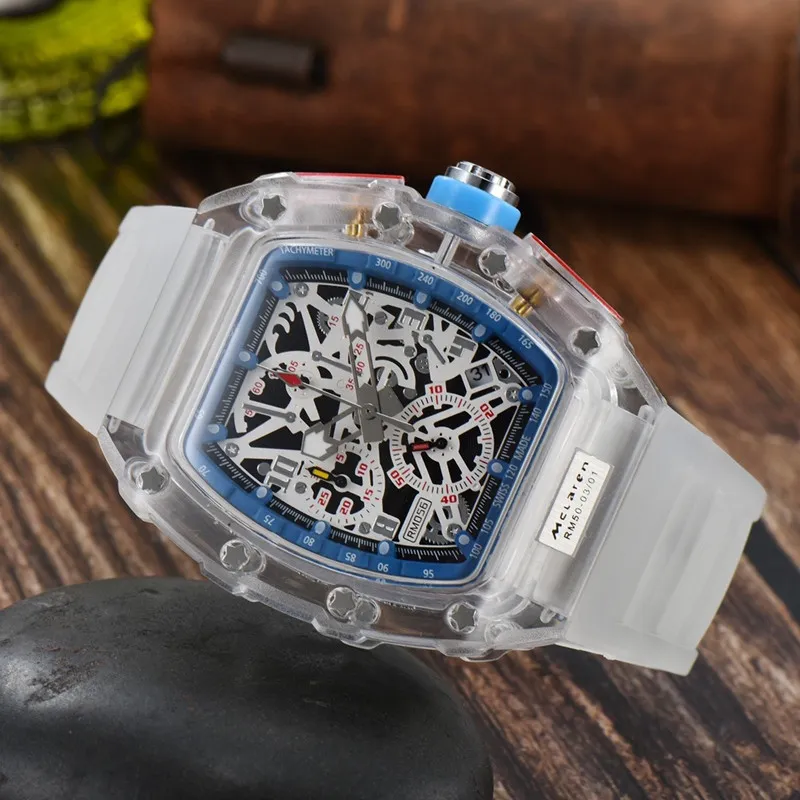new Mens Watch Luxury Designer Sport Watches Fashion Transparent case 44mm Chronograph Wristwatches Silicone Strap Quartz Men Clock