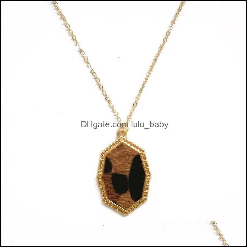 designer hexagonal prism leopard pu leather pendant necklace metal chain necklace for women geometric jewelry