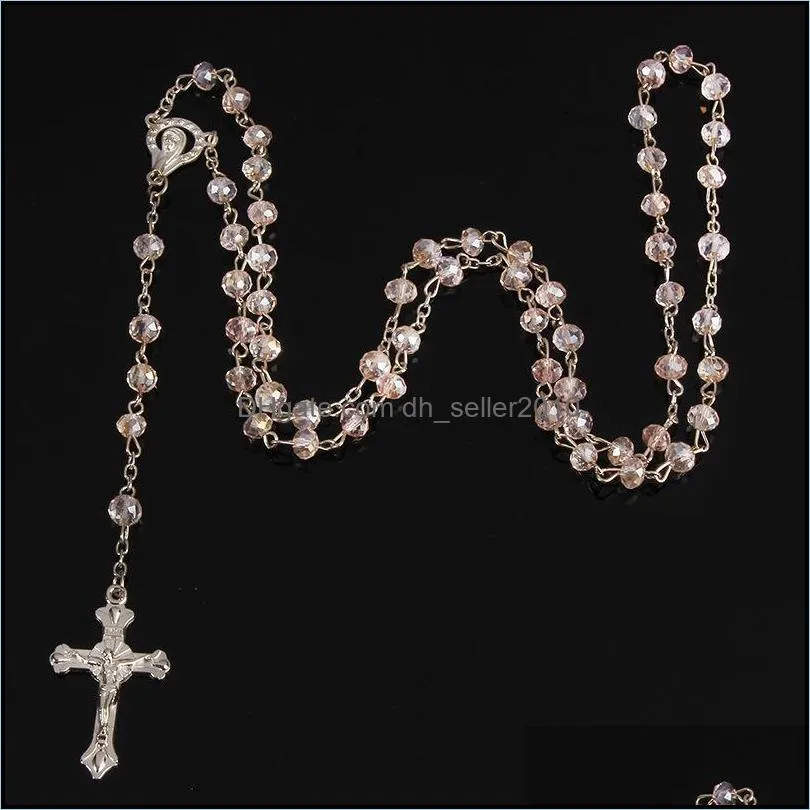 24pcs wholesale/6mm crystal rosary necklaces catholic holy land cross prayer necklace 416 h1