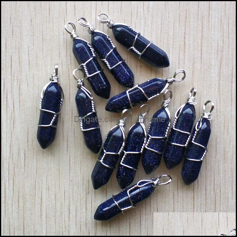 blue sand stone pillar shape point pendulum charms handmade iron wire pendants for fashion jewelry making wholesale