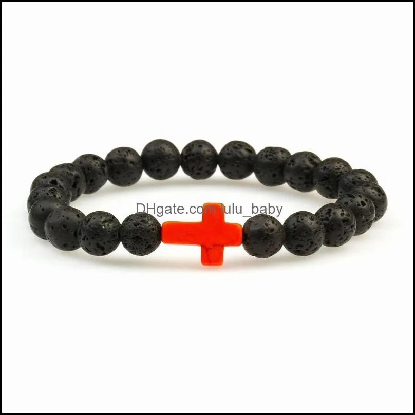 new strands essential oil perfume diffuser 8mm black lava cross stone beads bracelet stretch yoga jewelry 843 q2