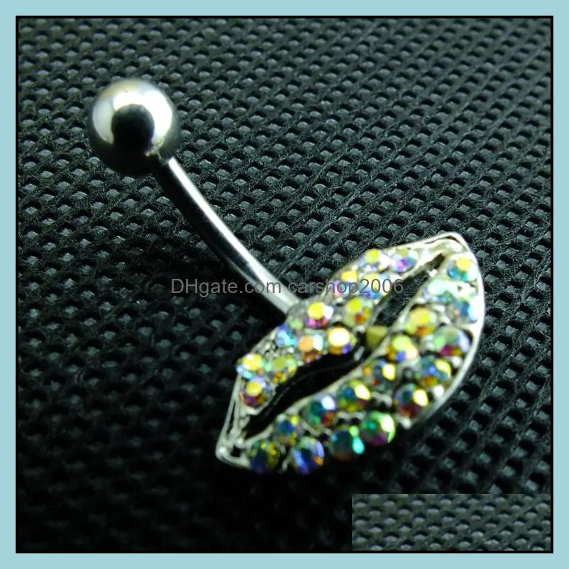 diy high quality fashion silver surgical steel colorful rhinestone lip shape belly button ring for women body piecing jewelry 678 t2