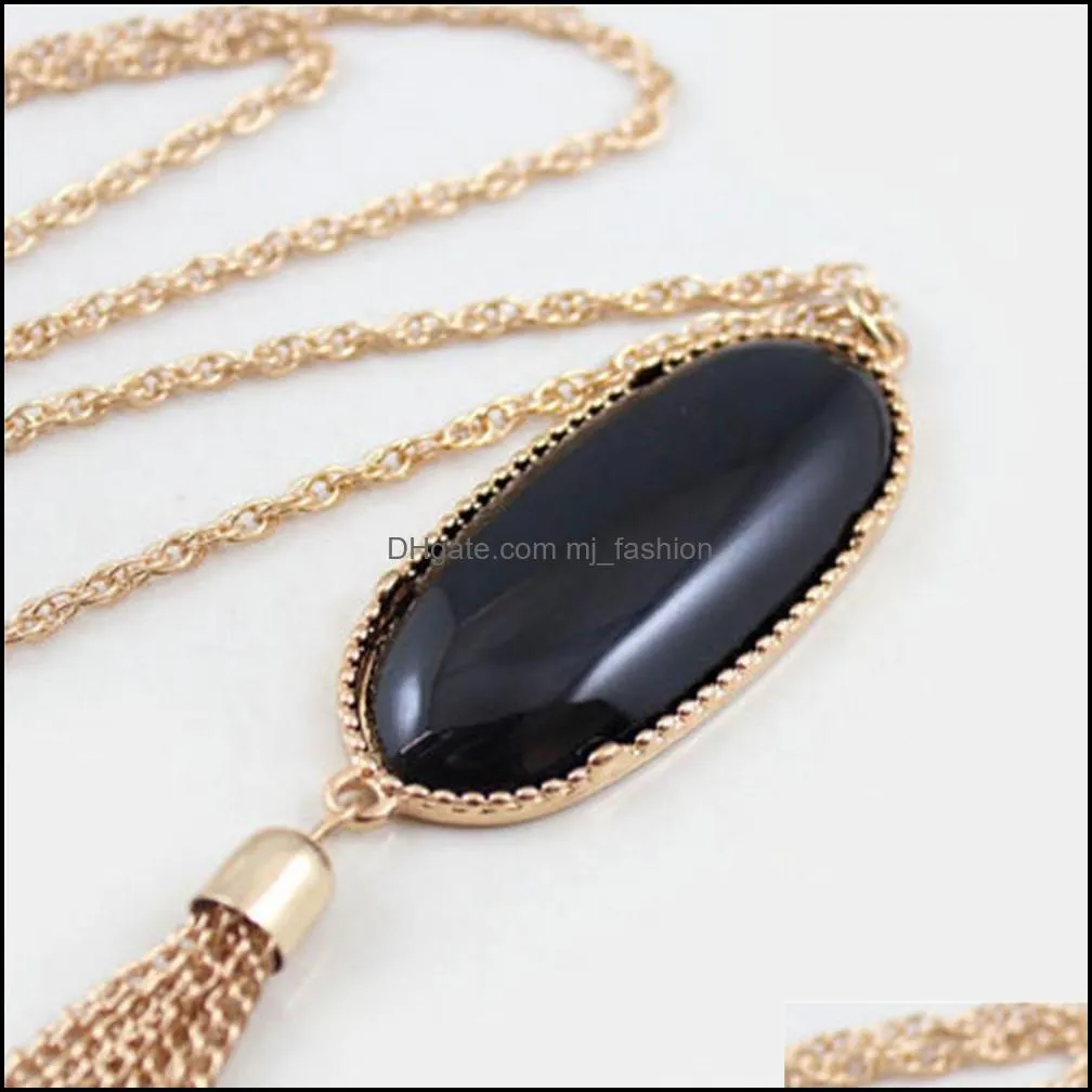 fashion oval abalone shell druzy stone necklace long tassel metal chain pednant necklace sweater necklaces party jewelry