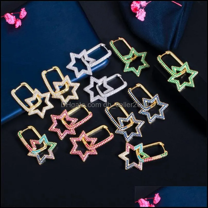 shining bling full colorful zircon hexagonal dangle drop earrings real gold plated star earring jewelry no fading 1274 b3