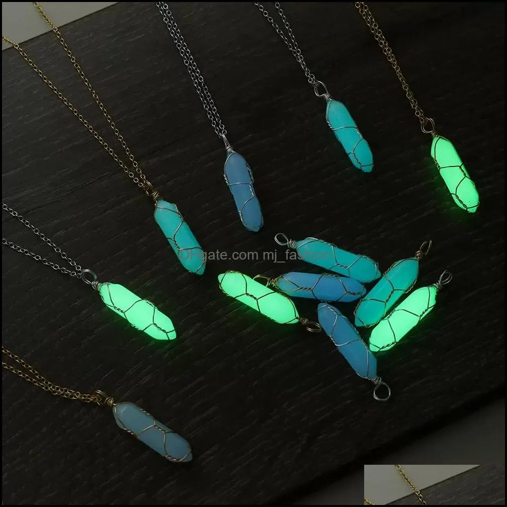 hexagonal cylindrical crystal stone necklace glow in the dark luminous wire wrap stones pendant necklaces jewelry gift for women men