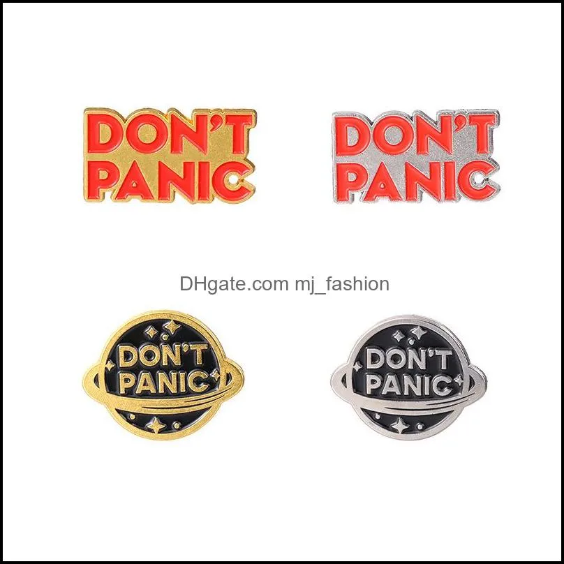 don`t panic enamel pins custom golden silver planet brooch lapel badge bag cartoon simple fashion jewelry friends gifts 431c3
