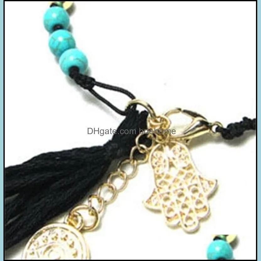 turquoise braided rope chain tassel hand palm pendant bracelet for women fashion natural stone beads bracelets 3583 q2