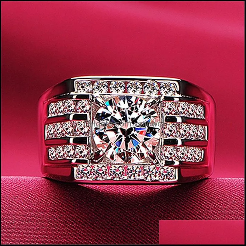 925 silver ring wide version of 3-row group inlay simulation diamond male plated white gold men ring
