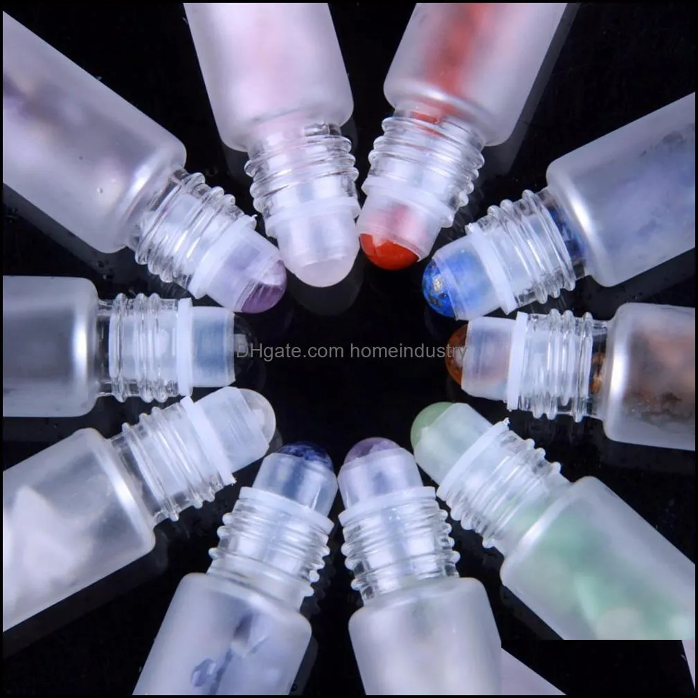 10pcs natural semiprecious stones  oil gemstone roller ball bottles frosted glass 10ml healing crystal chips inside