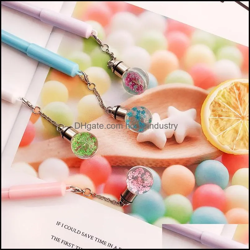 novel lighten gel pen with dry flower bulb pendant 0.5 mm creative ballpoint pen stationery favor back to school gift wj073