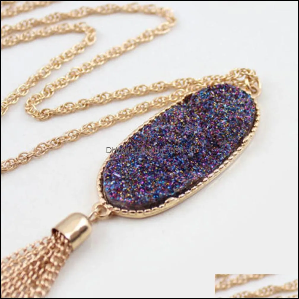 fashion oval abalone shell druzy stone necklace long tassel metal chain pednant necklace sweater necklaces party jewelry