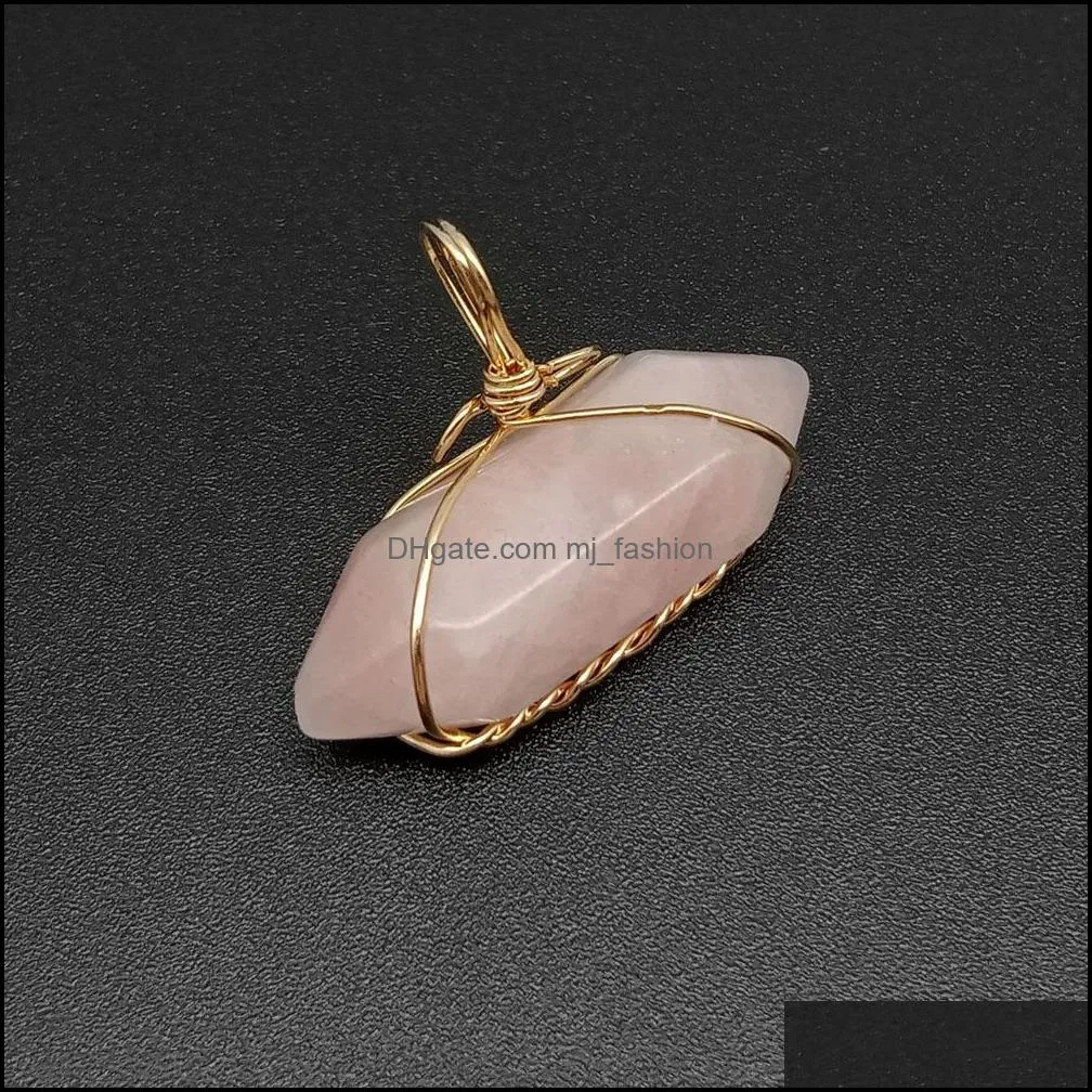 copper wire wrap natural stone pendulum pendant reiki healing crystal necklace hexagonal bullet amethyst pink quartz chakras pendulo