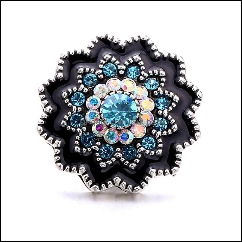 wholesale crystal silver color snap button women black painting charms jewelry findings hollow rhinestone 18mm metal snaps buttons diy bracelet