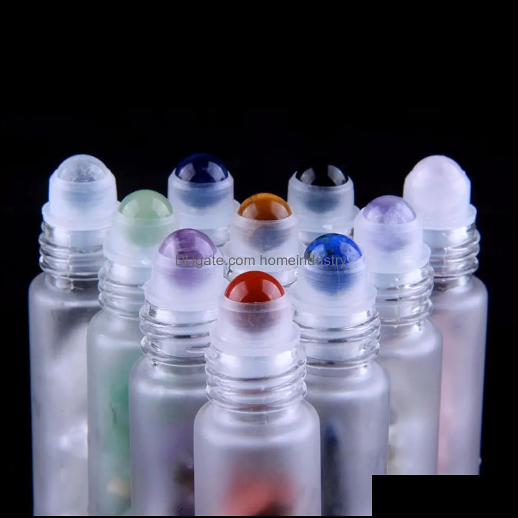 10pcs natural semiprecious stones  oil gemstone roller ball bottles frosted glass 10ml healing crystal chips inside