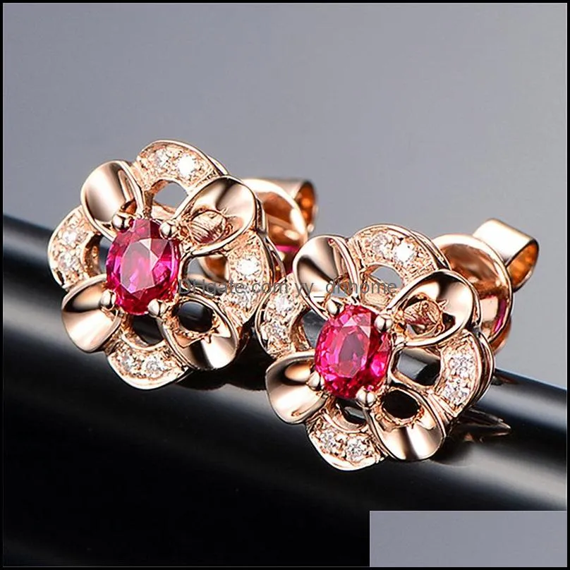 gold earrings silver jewelry accessories flower created ruby zircon gemstone stud earrings for women wedding engagement earring