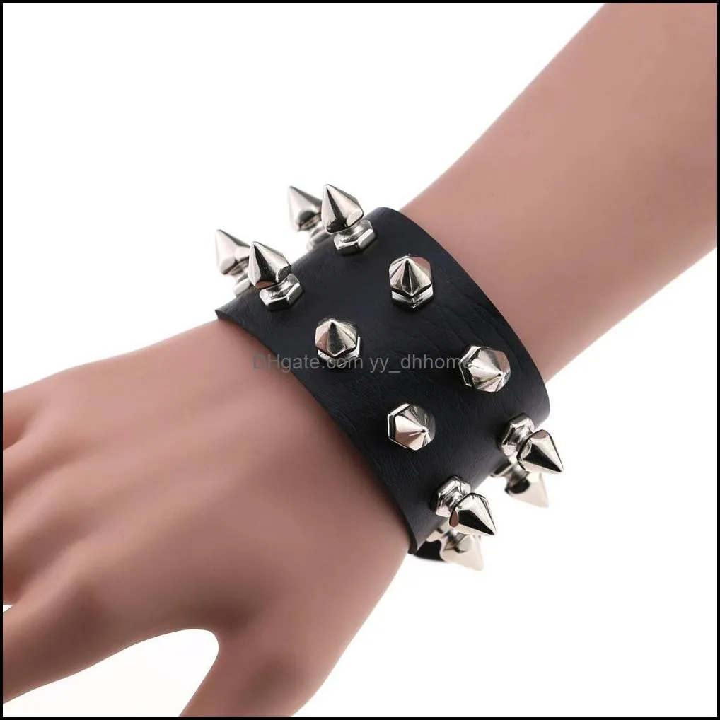 pretty leather bracelet unique four row cuspidal spikes rivet stud wide leather punk gothic rock unisex cuff bangle bracelet jewelry