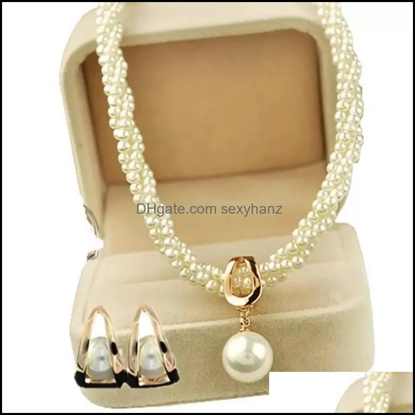 beautiful bridal necklace and earrings gold plated handmade twisted cream pearl necklace women`s gift jewelry sets 2 d3