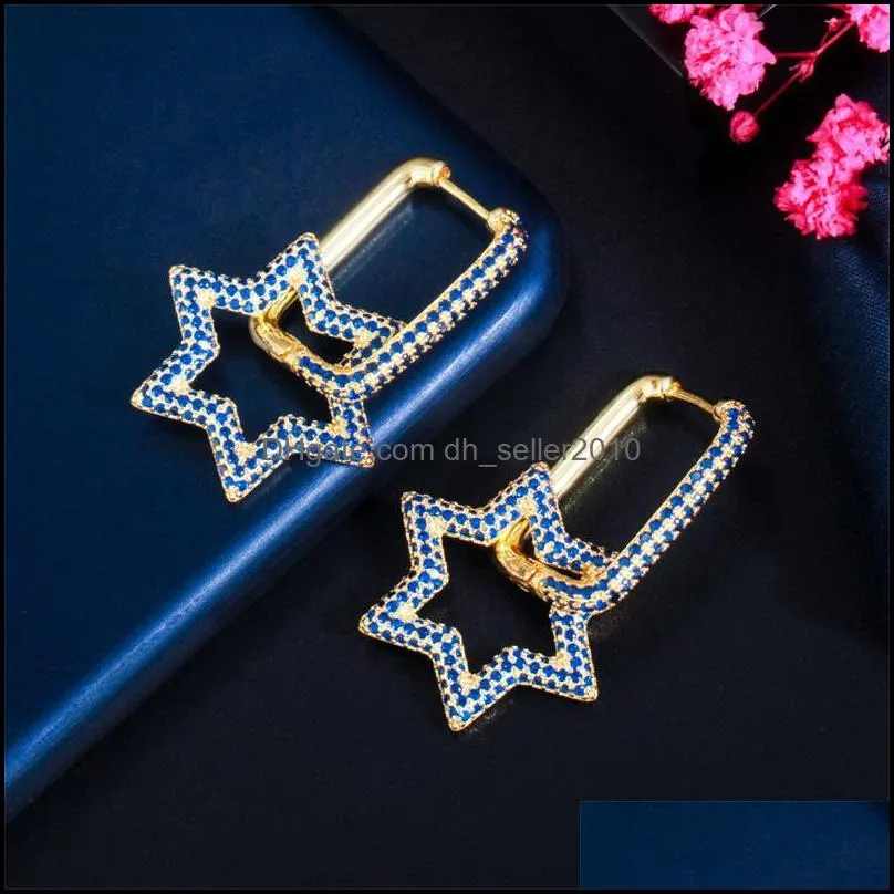 shining bling full colorful zircon hexagonal dangle drop earrings real gold plated star earring jewelry no fading 1274 b3