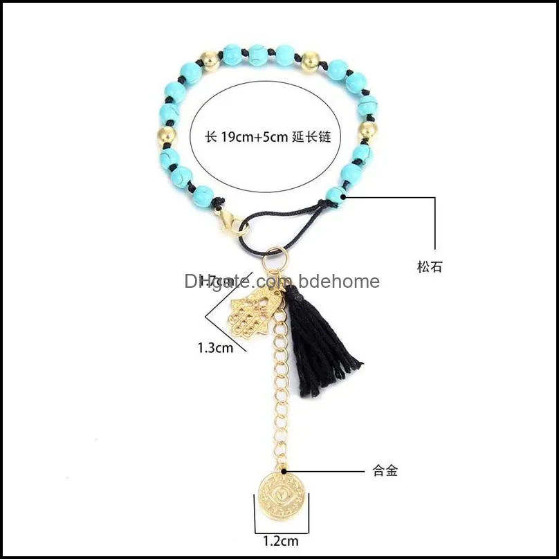 turquoise braided rope chain tassel hand palm pendant bracelet for women fashion natural stone beads bracelets 3583 q2