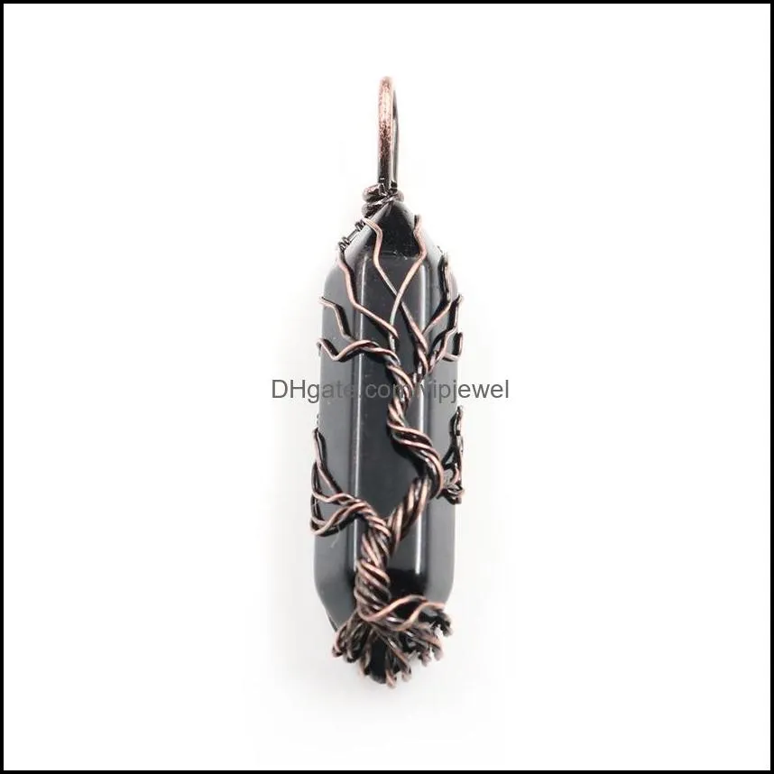 retrotree of life wire wrapped crystal pillar charm round rose quartz healing blue white stones pendant diy jewelry making