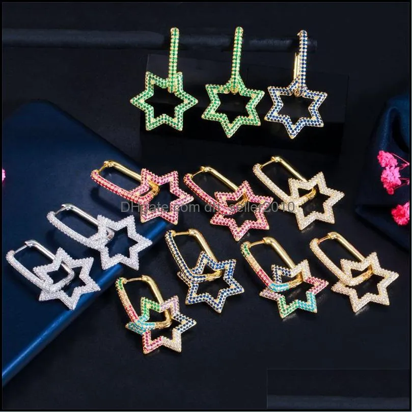 shining bling full colorful zircon hexagonal dangle drop earrings real gold plated star earring jewelry no fading 1274 b3