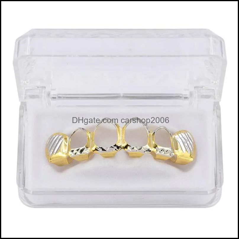 new gold silver hollow open dlampnd cut 6 tooth top bottom grills teeth caps tooth hiphop grillz set party jewelry 535 t2