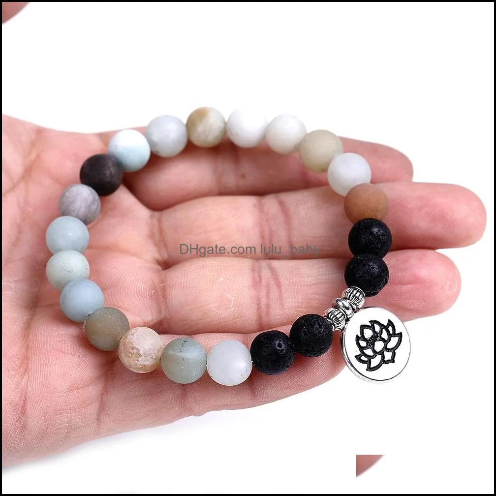 frosted amazon beads strand bracelet lava stone beaded bracelets lotus om buddha charms yoga strench women men friendships jewelry