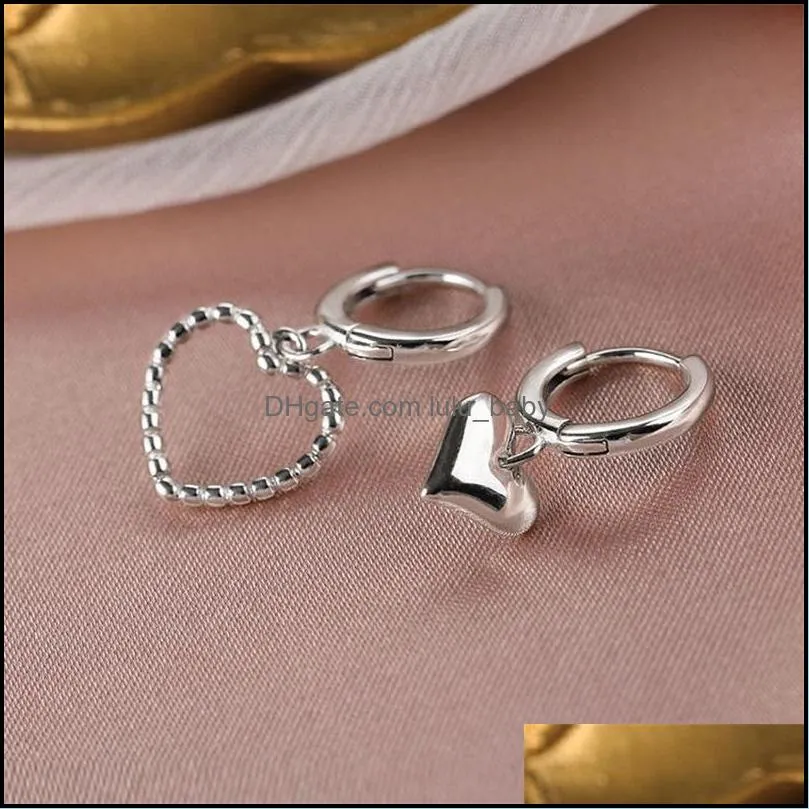 fashion silver color hoop earring asymmetry heart charm studs earrings for women girl`s charm party jewelry accessories 20220226 t2