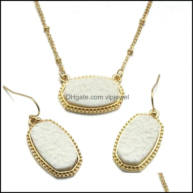 designer oval drusy druzy necklace dangle earrings jewelry set gold plated druse choker women wedding party