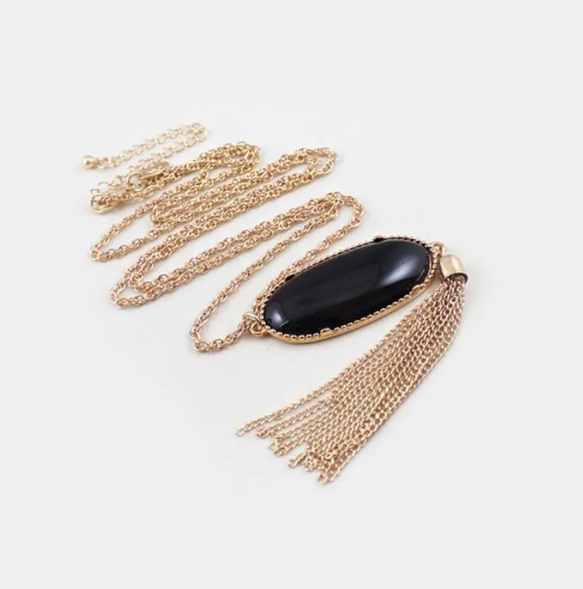 fashion oval abalone shell druzy stone necklace long tassel metal chain pednant necklace sweater necklaces party jewelry