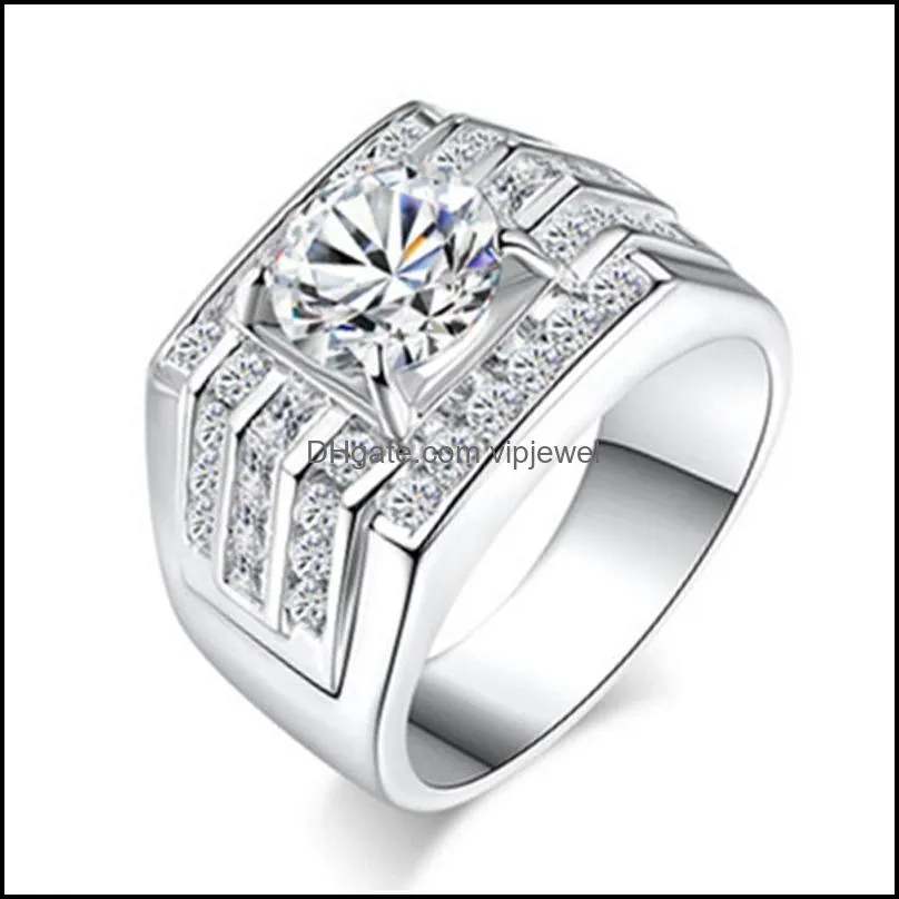 925 silver ring wide version of 3-row group inlay simulation diamond male plated white gold men ring