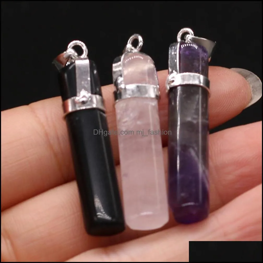 natural stone pendant cylinder column reiki healing chakra rose quartz amethysts point pendulo charms for necklace making