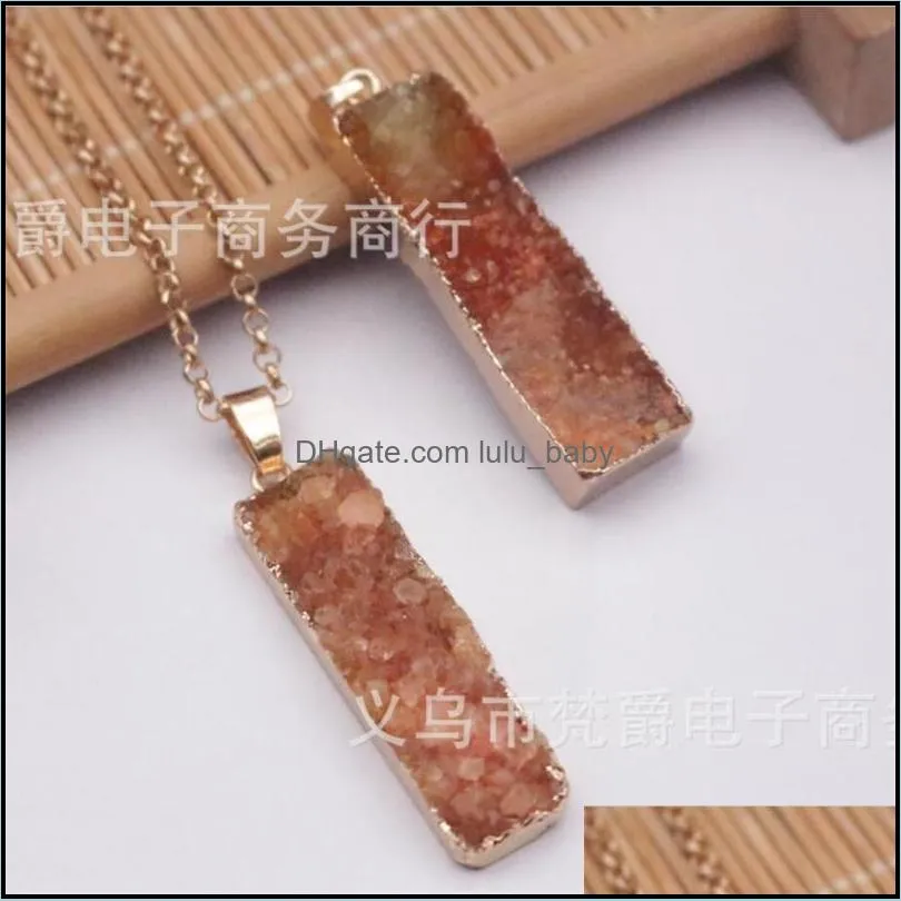 jln geode druzy long bar long rectangle agate pendant genuine gemstone natural agate pendant with brass chain necklace 37 w2