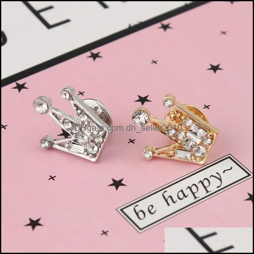 fashion small crown brooches full rhinestone crystal lapel pins alloy gold silver plated girls denim shirt badge jewelry gift bag 2192