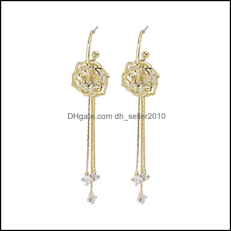 needle earrings zircon hollow rose tassel earrings european and american personality long c-shaped earring stud 3713 q2