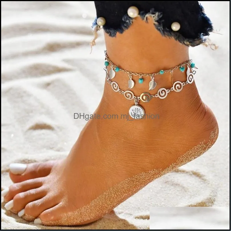 leaf weave multilayer anklet chains shell elephant mermaid anklets foot bracelet summer beach women fashion jewelry 1939 t2