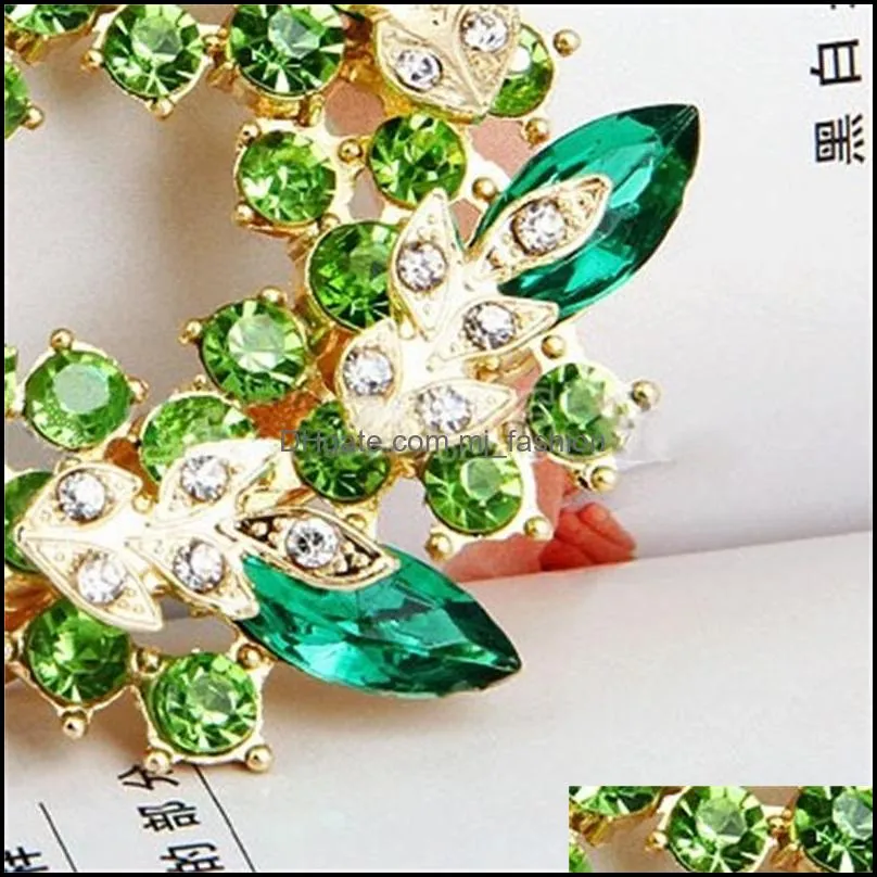 2 inch gold plated green and lime rhinestone crystal wreath flower brooch c3