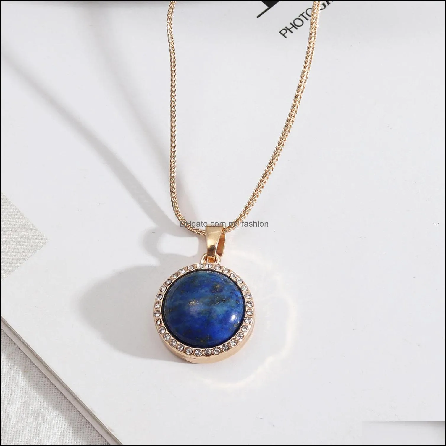 women necklace 17mm round lapis lazuli pearl turquoise rose natural stone quartz pendant gold snake chain necklaces accessories