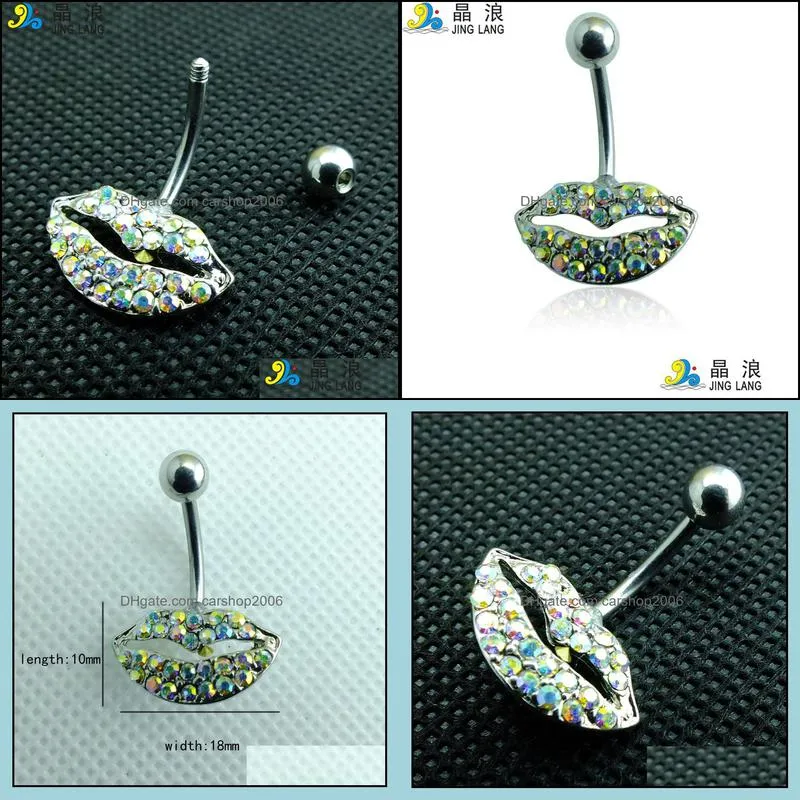 diy high quality fashion silver surgical steel colorful rhinestone lip shape belly button ring for women body piecing jewelry 678 t2