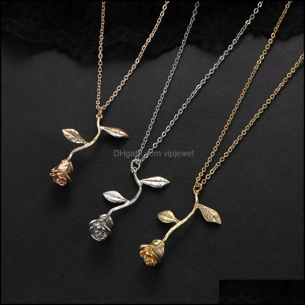 rose pendant necklace jewelry sterling silver retro 3d leaf valentine`s day women`s birthday vintage